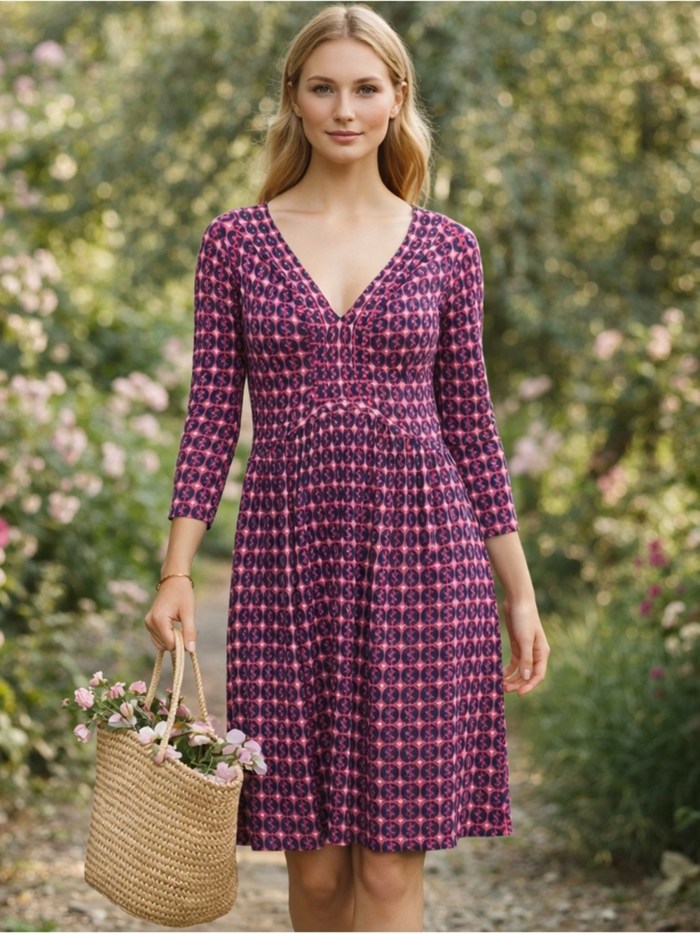Boden Dorothy Dress Pink Navy Geometric LS V Neck Stretch Jersey WL788 Size 6R